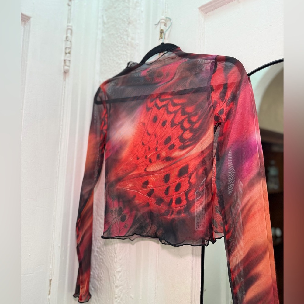 Bershka Red & Black Sheer Butterfly-Print Long Sleeve Top
